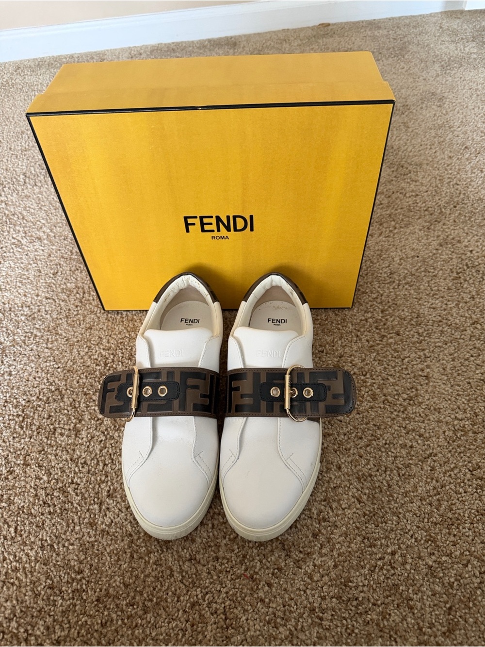 Fendi  White Sneakers with Brown FF Buckle Strap and Gold Hardware